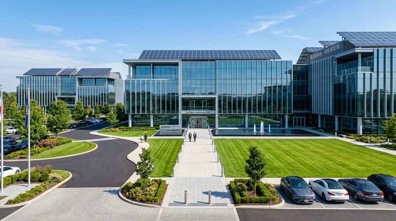 Office buildings surrounded by maintained lawns and landscaped grounds